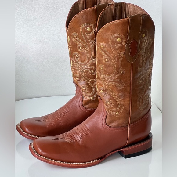 Ferrini Square Toe Cowboy Boots Men’s Size 10 Cowhide Leather Brown Embroidered - Picture 4 of 15